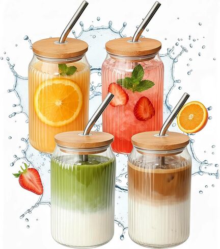 4 Packs Ribbed Glass Tumbler with Lid and Straw 16 oz Cute Ice Coffee Cup Set for Smoothie Juice Matcha Tea Latte Cappuccino Espresso Hot Coffe Water Reusable Clear Travel Boba Aesthetic Drinking Mug in Saudi Arabia