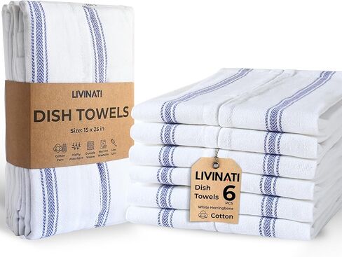 Bulk Kitchen Towels Cotton for Chefs in Commercial Restaurants - 15"X25" - 6 Pack - White Linen Tea Dish Towels - Lint Free Soft Absorbent Side Blue Striped Herringbone Weave Towles in Saudi Arabia
