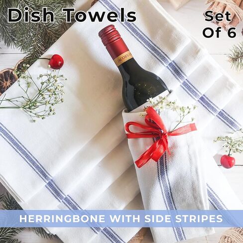 Bulk Kitchen Towels Cotton for Chefs in Commercial Restaurants - 15"X25" - 6 Pack - White Linen Tea Dish Towels - Lint Free Soft Absorbent Side Blue Striped Herringbone Weave Towles in Saudi Arabia