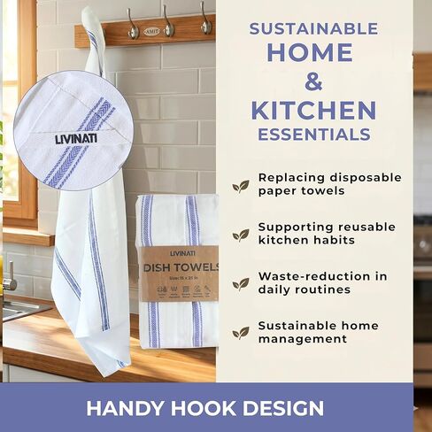 Bulk Kitchen Towels Cotton for Chefs in Commercial Restaurants - 15"X25" - 6 Pack - White Linen Tea Dish Towels - Lint Free Soft Absorbent Side Blue Striped Herringbone Weave Towles in Saudi Arabia
