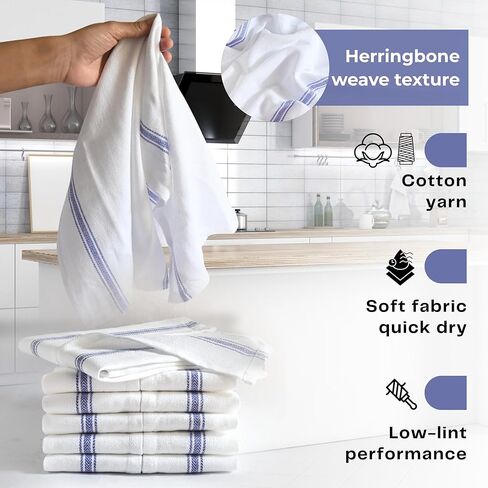 Bulk Kitchen Towels Cotton for Chefs in Commercial Restaurants - 15"X25" - 6 Pack - White Linen Tea Dish Towels - Lint Free Soft Absorbent Side Blue Striped Herringbone Weave Towles in Saudi Arabia