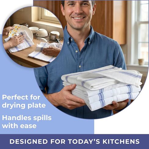 Bulk Kitchen Towels Cotton for Chefs in Commercial Restaurants - 15"X25" - 6 Pack - White Linen Tea Dish Towels - Lint Free Soft Absorbent Side Blue Striped Herringbone Weave Towles in Saudi Arabia