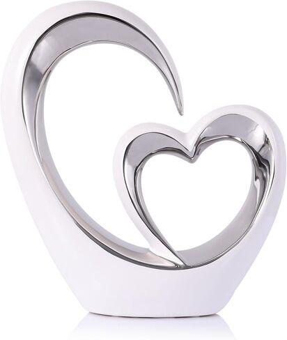 Silver White Heart Sculpture - Ceramic Silver Double Heart Couple Room Decor Art Heart Statue for Wedding, Valentine Decor, Living Room Coffee Table Centerpieces (Hug Heart-Tall) in Saudi Arabia