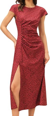 فستان RIHOAS Boho متوسط ​​الطول مزين بالزهور للنساء - تصميم بفتحة رقبة دائرية، فستان كاجوال للشاطئ والحديقة لقضاء العطلات in Kuwait