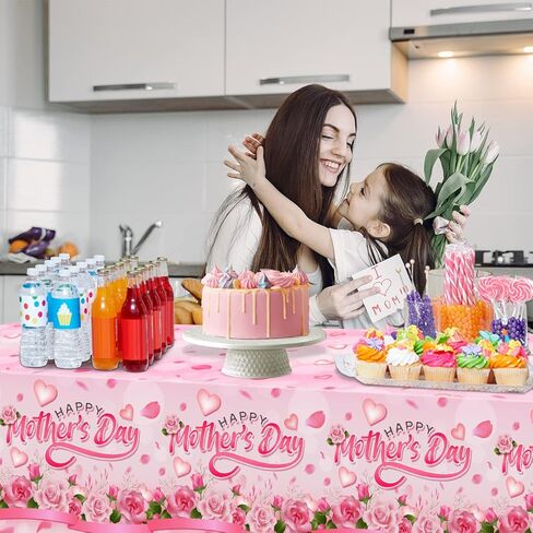 مفرش طاولة ديكورات عيد الأم السعيدة، 4 قطع، أغطية طاولة كبيرة مستطيلة الشكل وردية وردية لعيد الأم لحفلات عيد الأم في الهواء الطلق، مفرش طاولة بلاستيكي مقاوم للماء للاستخدام مرة واحدة in Saudi Arabia