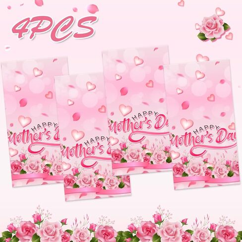 مفرش طاولة ديكورات عيد الأم السعيدة، 4 قطع، أغطية طاولة كبيرة مستطيلة الشكل وردية وردية لعيد الأم لحفلات عيد الأم في الهواء الطلق، مفرش طاولة بلاستيكي مقاوم للماء للاستخدام مرة واحدة in Saudi Arabia