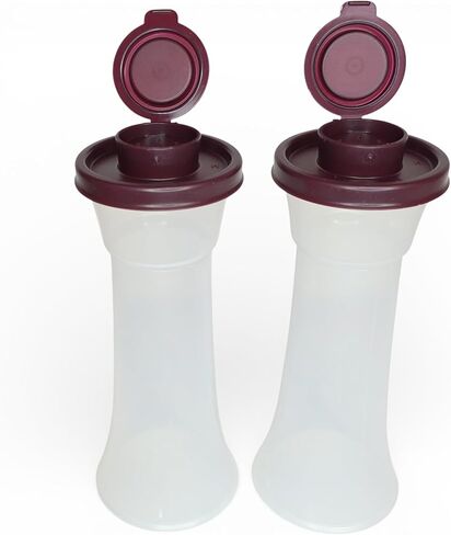 Tupperware Large Hourglass Salt and Pepper Shakers Clear Containers with Dark Vineyard Seals in Saudi Arabia