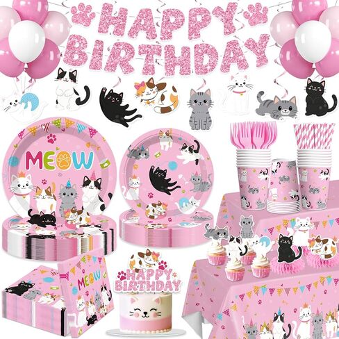 213pcs Cat Birthday Decorations, Complete Paper Tableware Set Includes 350gsm Plates 24 Cupcake Toppers and 2 Waterproof Tablecloths, Cat Themed Birthday Party Decorations for 25 People in Saudi Arabia