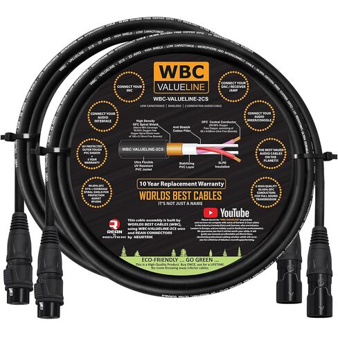 WBC-VALUELINE-2CS (22 AWG) - 2 Units - 6 Foot–Low-Capacitance Shielded Balanced Flexible Microphone, Active-Speaker & Interconnect Cables with Neutrik-Rean IP65 Rated Gold XLR Connectors in Saudi Arabia