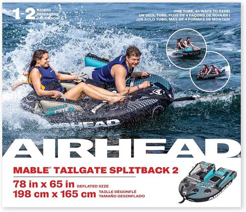 أنبوب قابل للقطر للباب الخلفي من Airhead Mable للقوارب، أنبوب قارب قابل للنفخ 1-2 راكب لأنابيب المياه، غطاء نايلون كامل عالي التحمل، وسادات إسفنجية EVA، نقطة سحب مزدوجة، صمام أمان للسرعة حاصل على براءة اختراع، فتحة خلفية in Saudi Arabia