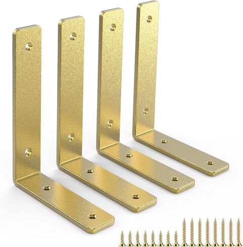 Gold Heavy Duty Shelf Brackets 4 Inch, Rustic Gold Iron L Shelf Bracket, Industrial Modern Metal Floating Shelf with Hardware for DIY Open Shelving, 4 Pack in Saudi Arabia