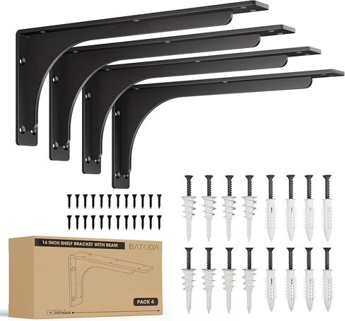 BATODA 16" Shelf Brackets with Beam (4pcs) - L Shelf Brackets Black - Hook Brackets for Floating Shelves - Wall Mounted Support for DIY Open Shelving – Mounting Hardware Included (Pack 4) (4, 16 Inch) in Saudi Arabia