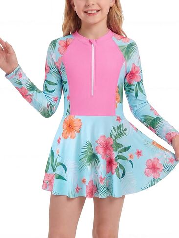 JiAmy Girls One Piece Swimsuits Long Sleeve Bathing Suit with Bottom Zipper Rash Guard Swim Dress 4-12Y in Saudi Arabia