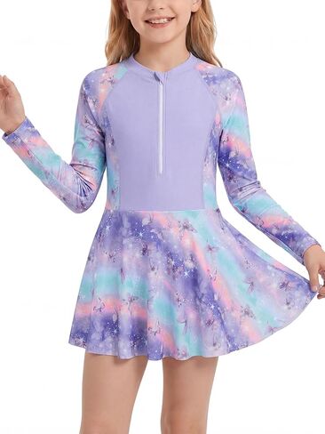 JiAmy Girls One Piece Swimsuits Long Sleeve Bathing Suit with Bottom Zipper Rash Guard Swim Dress 4-12Y in Saudi Arabia