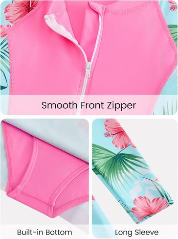 JiAmy Girls One Piece Swimsuits Long Sleeve Bathing Suit with Bottom Zipper Rash Guard Swim Dress 4-12Y in Saudi Arabia