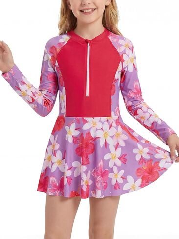 JiAmy Girls One Piece Swimsuits Long Sleeve Bathing Suit with Bottom Zipper Rash Guard Swim Dress 4-12Y in Saudi Arabia