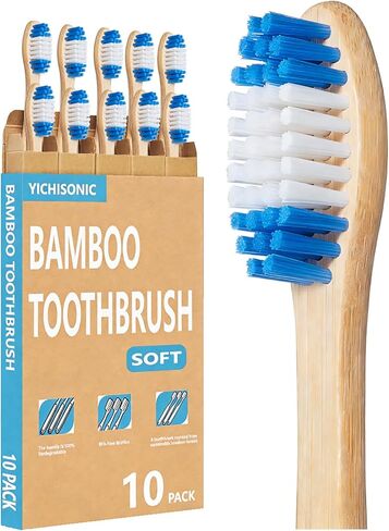 Bamboo Toothbrushes, 2-in-1 Soft & Medium Bristles Scientifically Arranged for Deep Cleaning, BPA-Free Biodegradable, 10-Pack for Adults, Ideal for Home & Travel in Saudi Arabia