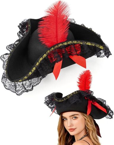 quescu Pirate Hat Women,Pirate Accessories Costume for Woman,Renaissance Costume Hat with Feather Lace for Halloween in Saudi Arabia