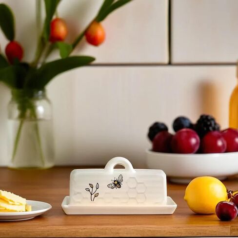 The Bridge Collection Decorative Honey Bee Butter Dish – White Ceramic Honeycomb Pattern With Floral Detail – Farmhouse Style Kitchen Storage For Butter in Saudi Arabia