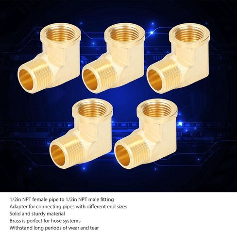 5Pcs 90 Degree Elbow Brass Pipe Fittings, 1/2in NPT Male to Female Plumbing Adapter, Deep Thread Brass Elbow for Fluid Air Gas Oil Systems in Saudi Arabia