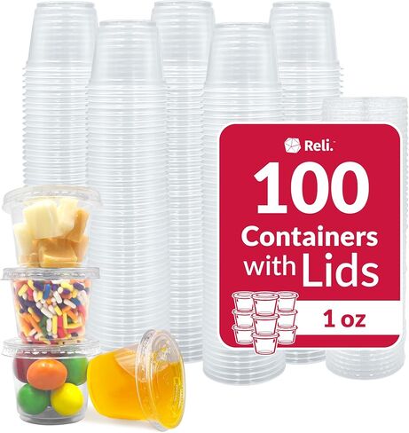 Reli. 1 oz Condiment Containers with Lids (100 sets) | Ideal for Sauce, Souffle, Samples, Jello Shot Cups | Disposable, BPA-Free Plastic | Small Containers 1oz, Bulk in Saudi Arabia