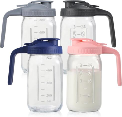 4 Pack 32oz Glass Pitcher with Lid, Double Leakproof Glass Mason Jar Pitcher with Pour Spout Lid, 1 Quart, Wide Mouth Storage Container for Breastmilk, Sun Tea, Juice, Cold Brew Coffee, Water in Saudi Arabia