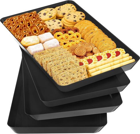 SpaceTrove 4-Pack Serving Tray Set, Reusable Plastic Serving Platter for Party Supplies, Entertaining, Grilling Accessories, Stackable Kitchen Snack Box Container for Dessert, Fruit, Cookie, (Black) in Saudi Arabia