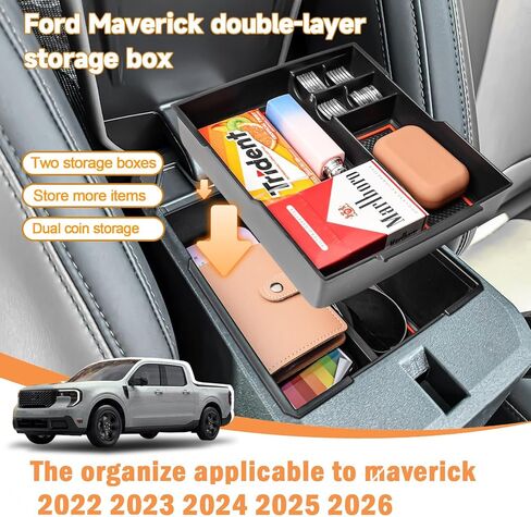 صينية تنظيم وحدة التحكم المركزية TACORBO متوافقة مع ملحقات Ford Maverick 2022 2023 2024 2025، 2022-2025 Maverick Pickup Truck مسند ذراع صندوق تخزين ثانوي علبة إدراج 2-Pack (تقليم أسود) in Saudi Arabia
