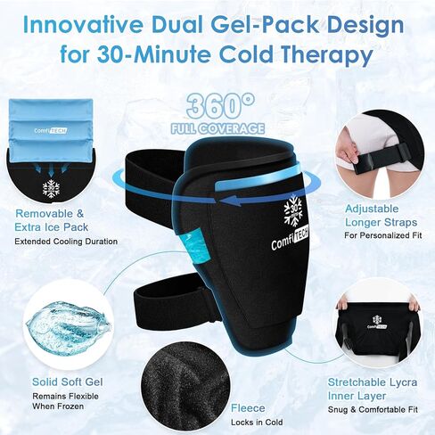 حزمة ثلج الورك ComfiTECH Dual-Gel XL مع تبريد ممتد لمدة 30 دقيقة، حزمة باردة قابلة لإعادة الاستخدام قابلة للفصل ولفائف ثلج هلامية مرنة لاستعادة استبدال الورك، العصب الوركي، عدم راحة الورك المرن in Kuwait