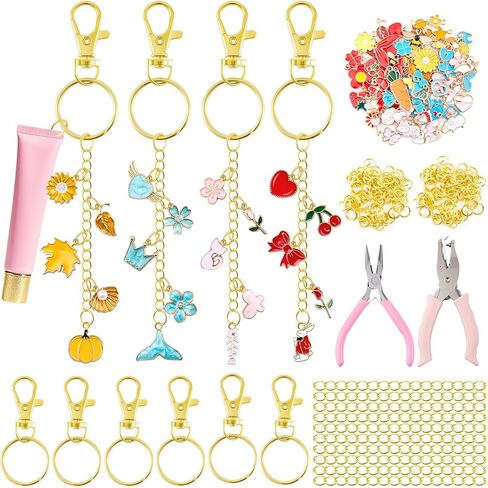 PYURTHITY 254 Pcs Lip Gloss Keychain Making Kit, Charm Jewelry Chain Making Crafts Including 120 Charms 12 Keychain Clips 20 Extender Chains 100 Jump Rings Jewelry Plier and Puncher for DIY Crafts in Saudi Arabia