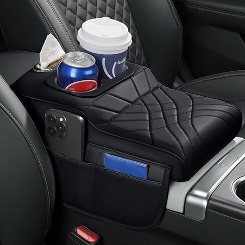 Upgraded Car Center Console Cover,PU Leather Car Armrest Cover Cushion Contains High Elasticity Sponge with 2 Storage Bags Tissue Box (Black-A) in Saudi Arabia