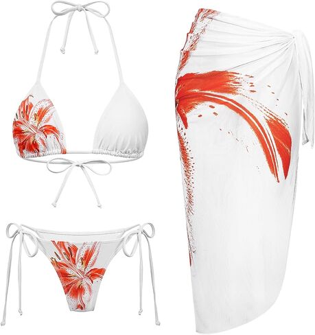 Womens 3pcs Swimsuit Floral Print Bikini Sets with Beach Cover Up Apron-wrap Skirt Triangle Bikini Top in Saudi Arabia