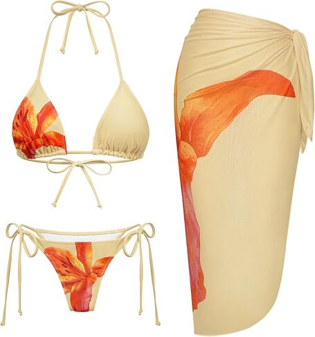 Womens 3pcs Swimsuit Floral Print Bikini Sets with Beach Cover Up Apron-wrap Skirt Triangle Bikini Top in Saudi Arabia