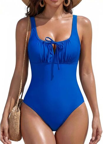HUICHANG Women One Piece Swimsuit Tummy Control Square Neckline Bow Tie Knot Ruching Beach Vacation Swimwear in Saudi Arabia