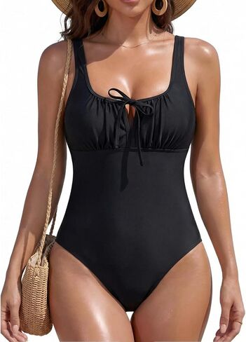 HUICHANG Women One Piece Swimsuit Tummy Control Square Neckline Bow Tie Knot Ruching Beach Vacation Swimwear in Saudi Arabia