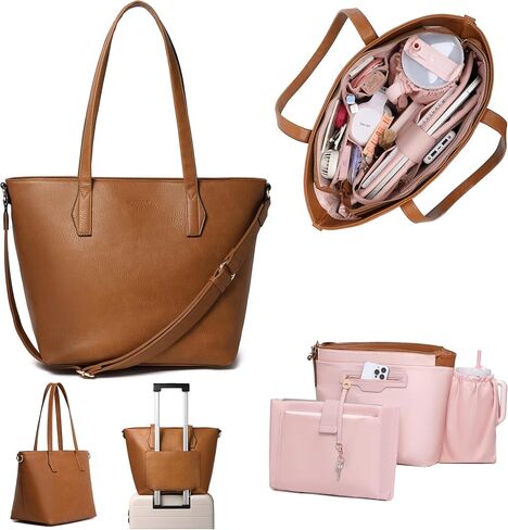 Women’s 16" Laptop Tote Bag – Brown Vegan Leather Work Bag with Cupholder, RFID Pockets, Anti-Pickpocket Zipper, Travel Tote with Trolley Sleeve & Detachable Laptop Sleeve in Saudi Arabia