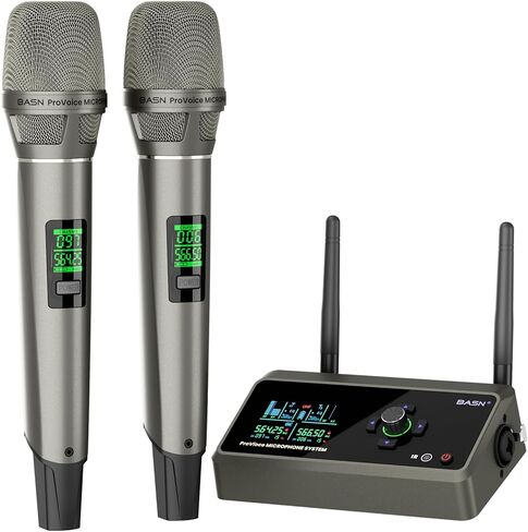 BASN Rechargeable UHF Wireless Dual Microphone System, Durable Mic and Mini Receiver with EQ/Reverb for Outdoor Events, Gatherings Parties Socials Weddings Festivals Karaoke (Champagne Silver) in Saudi Arabia