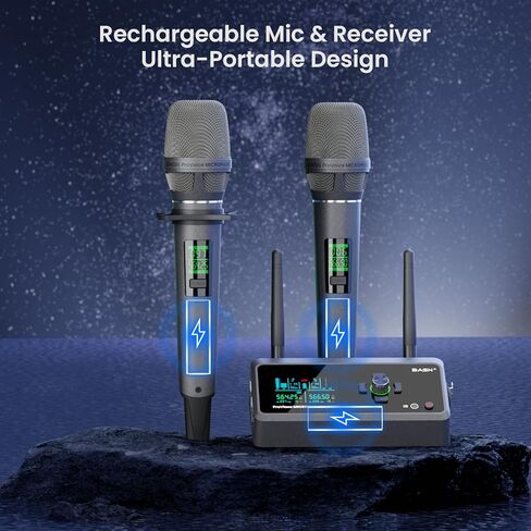 BASN Rechargeable UHF Wireless Dual Microphone System, Durable Mic and Mini Receiver with EQ/Reverb for Outdoor Events, Gatherings Parties Socials Weddings Festivals Karaoke (Champagne Silver) in Saudi Arabia