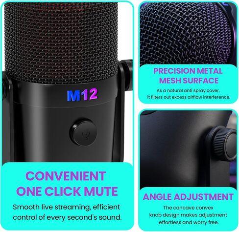 ميكروفون USB لألعاب الكمبيوتر، ميكروفون مكثف مع تدرج RGB، تقليل الضوضاء، ميكروفون بودكاست دائري بحامل لليوتيوب والبث والبث والتسجيل in Saudi Arabia