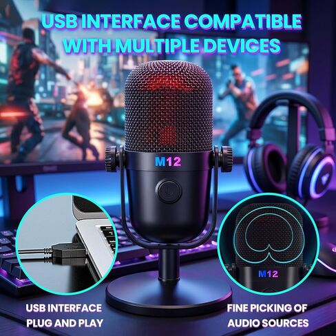 ميكروفون USB لألعاب الكمبيوتر، ميكروفون مكثف مع تدرج RGB، تقليل الضوضاء، ميكروفون بودكاست دائري بحامل لليوتيوب والبث والبث والتسجيل in Saudi Arabia