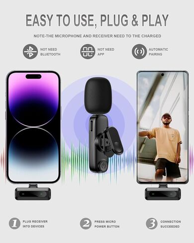 ميكروفون لافالير لاسلكي لهواتف iPhone/iPad/Android - ميكروفونات صغيرة لمنشئي محتوى البودكاست، ميكروفون احترافي لتقليل الضوضاء لتسجيل الفيديو والبث المباشر in Saudi Arabia