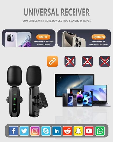 ميكروفون لافالير لاسلكي لهواتف iPhone/iPad/Android - ميكروفونات صغيرة لمنشئي محتوى البودكاست، ميكروفون احترافي لتقليل الضوضاء لتسجيل الفيديو والبث المباشر in Saudi Arabia