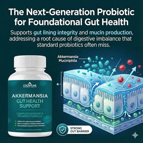 CogniTune Probiotic with 5 Billion AFU Akkermansia Muciniphila - Supports Gut Health with 30 Billion CFU and Prebiotic Fiber - Delayed Release Capsules in Saudi Arabia