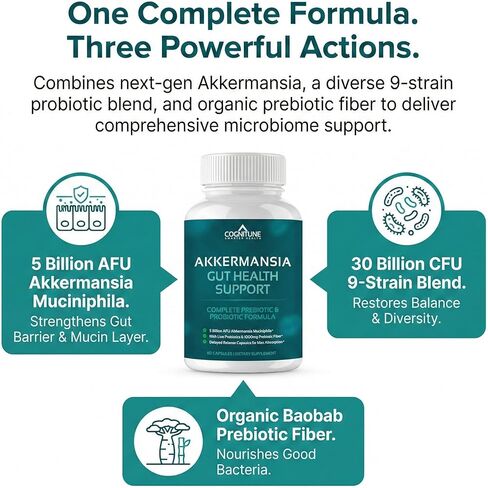 CogniTune Probiotic with 5 Billion AFU Akkermansia Muciniphila - Supports Gut Health with 30 Billion CFU and Prebiotic Fiber - Delayed Release Capsules in Saudi Arabia