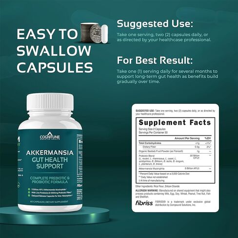 CogniTune Probiotic with 5 Billion AFU Akkermansia Muciniphila - Supports Gut Health with 30 Billion CFU and Prebiotic Fiber - Delayed Release Capsules in Saudi Arabia