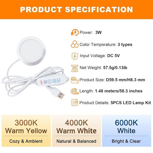 طقم مصابيح LED 5 قطع 001 ضوء طابعة ثلاثية الأبعاد لمختبر Bambu Lab H2D/X1/P1P/A1 mini Makerworld لـ Anycubic Makeronline، مجموعة إضاءة الأجهزة DIY التي تعمل بالطاقة USB 5 فولت، ضوء دافئ 3000 كلفن، 3000 كلفن - 6000 كلفن in Kuwait