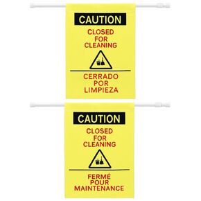 2 Pack Double Side Restroom Closed for Cleaning Sign with English, Spanish & French 27.56-51.18'' Expandable Yellow Commercial Door Barricade Sign Doorway Safety Banner for Janitor Bathroom in Kuwait