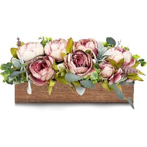 قطع مركزية لطاولة الزهور لحفلات الزفاف المصنوعة مسبقًا من الفاوانيا الاصطناعية والكوبية لتزيين طاولة الطعام صينية خشبية مع زهور وهمية لغرفة المعيشة والمكتب وطاولة المطبخ (وردي) in Kuwait