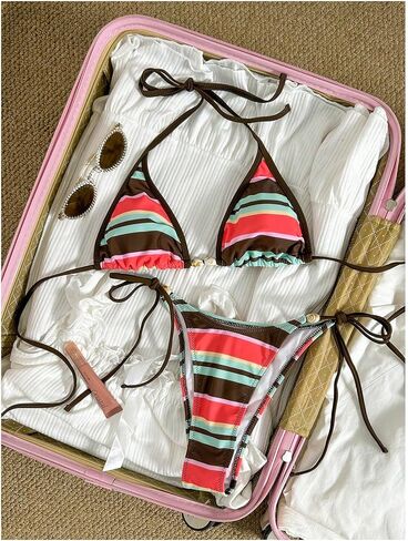 MakeMeChic Women's Striped Bikini Sets Halter Triangle Tie Side Thong 2 Piece Swimsuits in Saudi Arabia