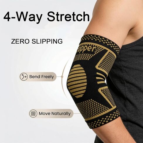 Copper Elbow Compression Sleeve, Tennis Elbow Brace for Men and Women, 4-Way Stretch, Pain Relief, Recovery, Arthritis, Tendonitis, Bursitis (Black-Copper, Medium) in Saudi Arabia
